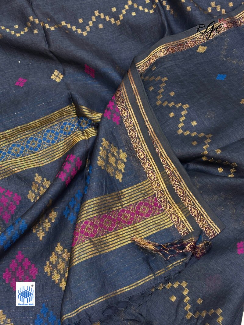 Black Silk Linen Handloom Jamdani Saree - Image 9