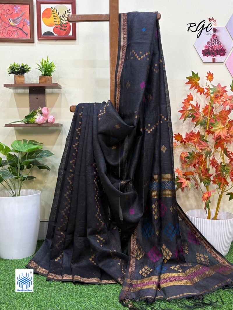 Black Silk Linen Handloom Jamdani Saree