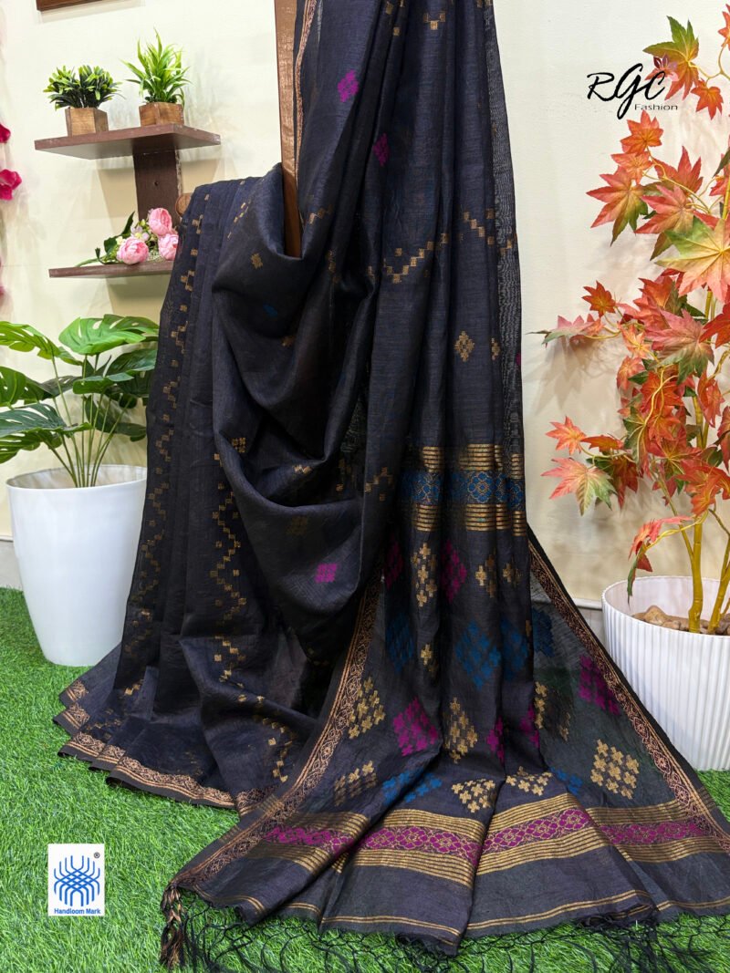 Black Silk Linen Handloom Jamdani Saree - Image 2