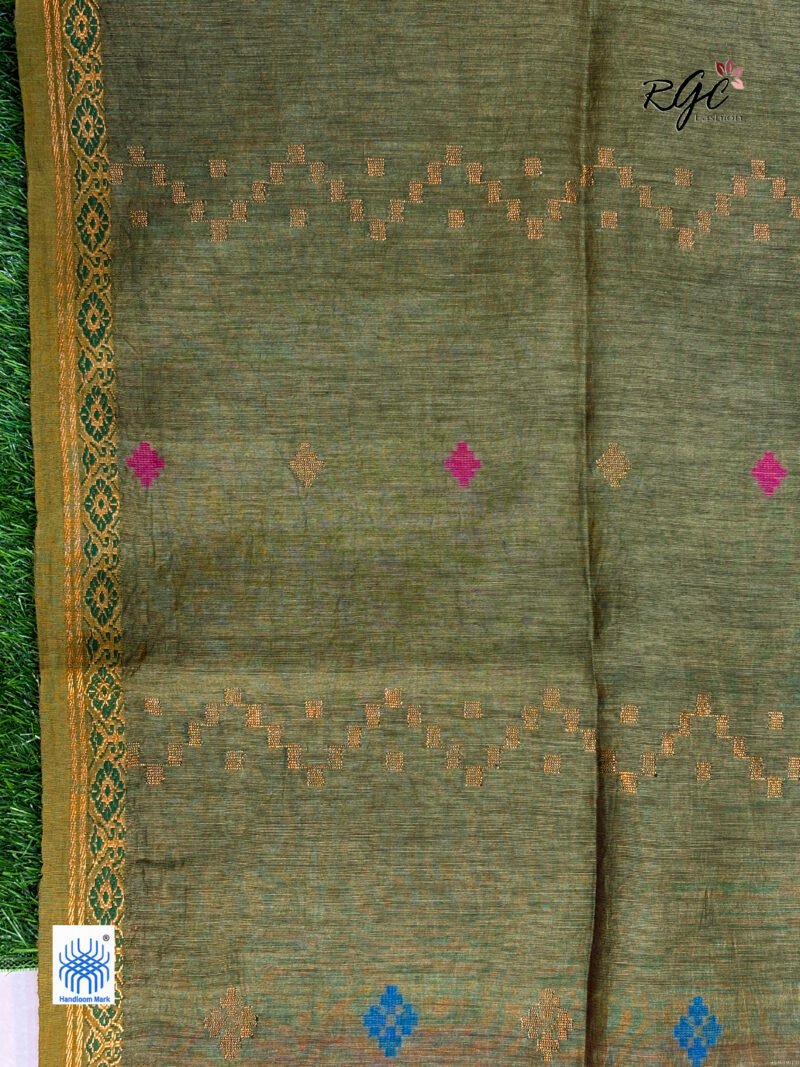Olive Green Silk Linen Handloom Jamdani Saree - Image 2