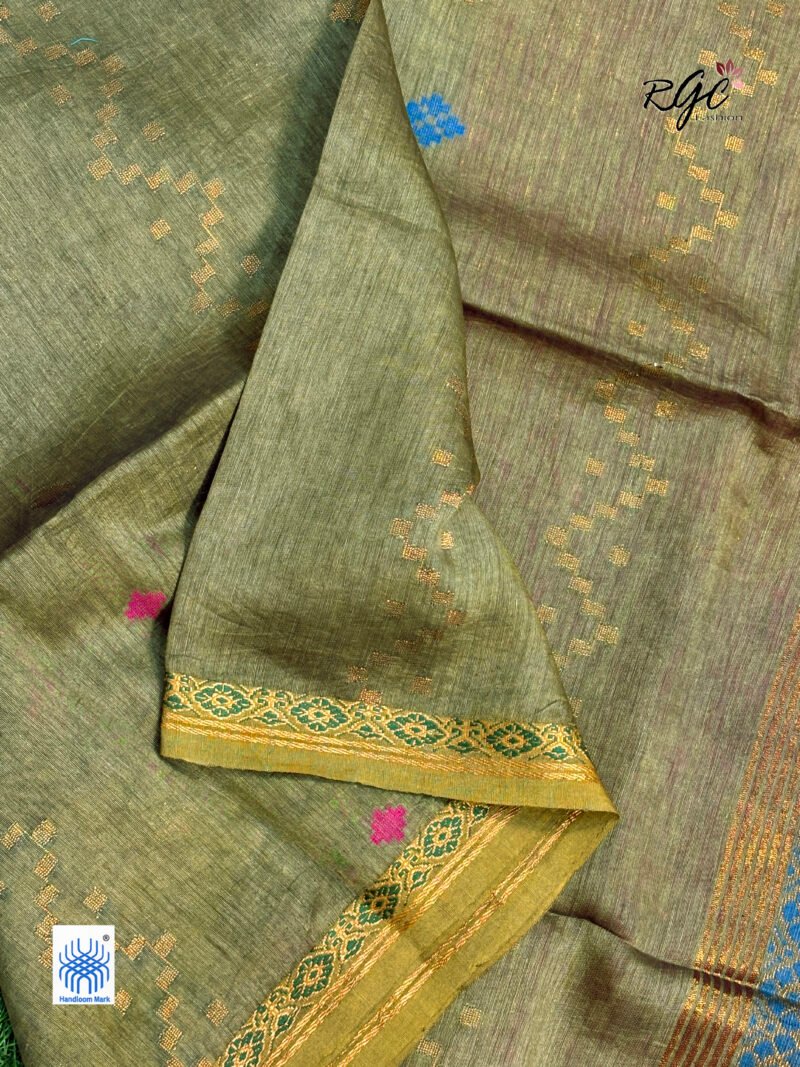 Olive Green Silk Linen Handloom Jamdani Saree - Image 7