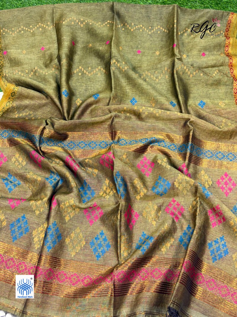 Olive Green Silk Linen Handloom Jamdani Saree - Image 6