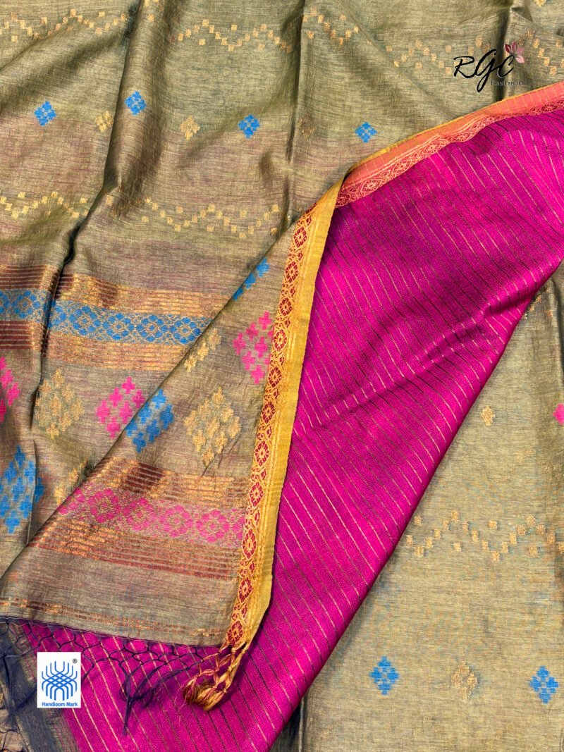 Olive Green Silk Linen Handloom Jamdani Saree - Image 3