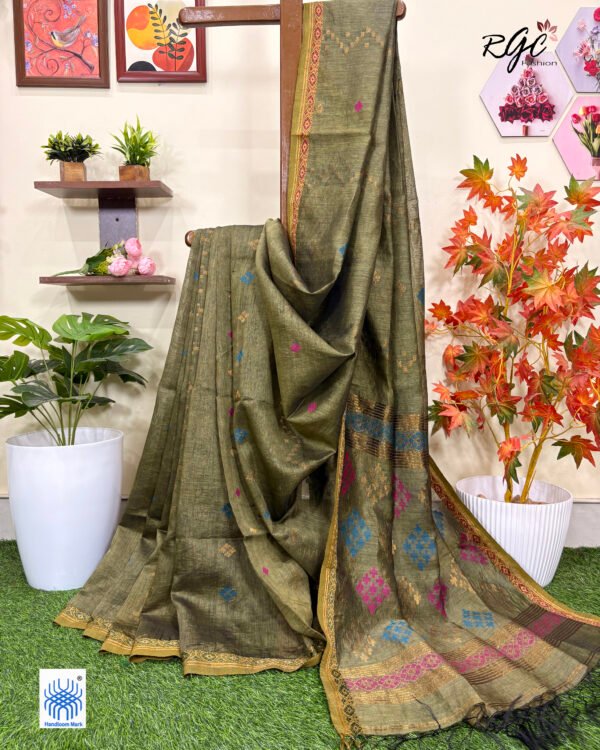 Olive Green Silk Linen Handloom Jamdani Saree
