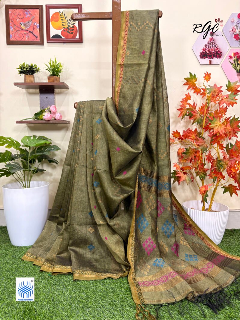 Olive Green Silk Linen Handloom Jamdani Saree