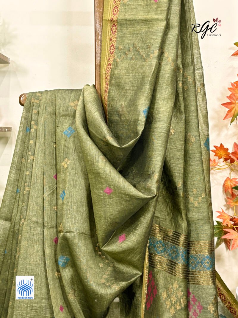 Olive Green Silk Linen Handloom Jamdani Saree - Image 5