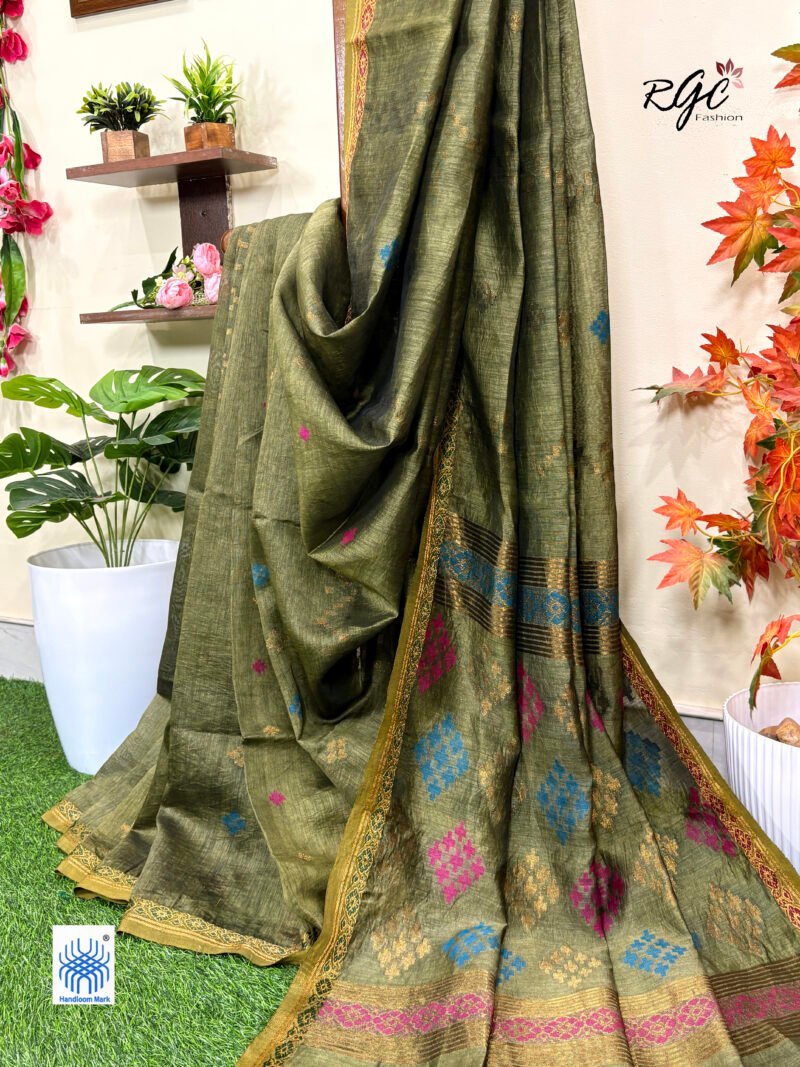 Olive Green Silk Linen Handloom Jamdani Saree - Image 4