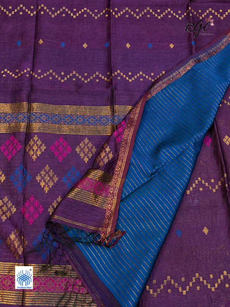 Wine Silk Linen Handloom Jamdani Saree - Image 3