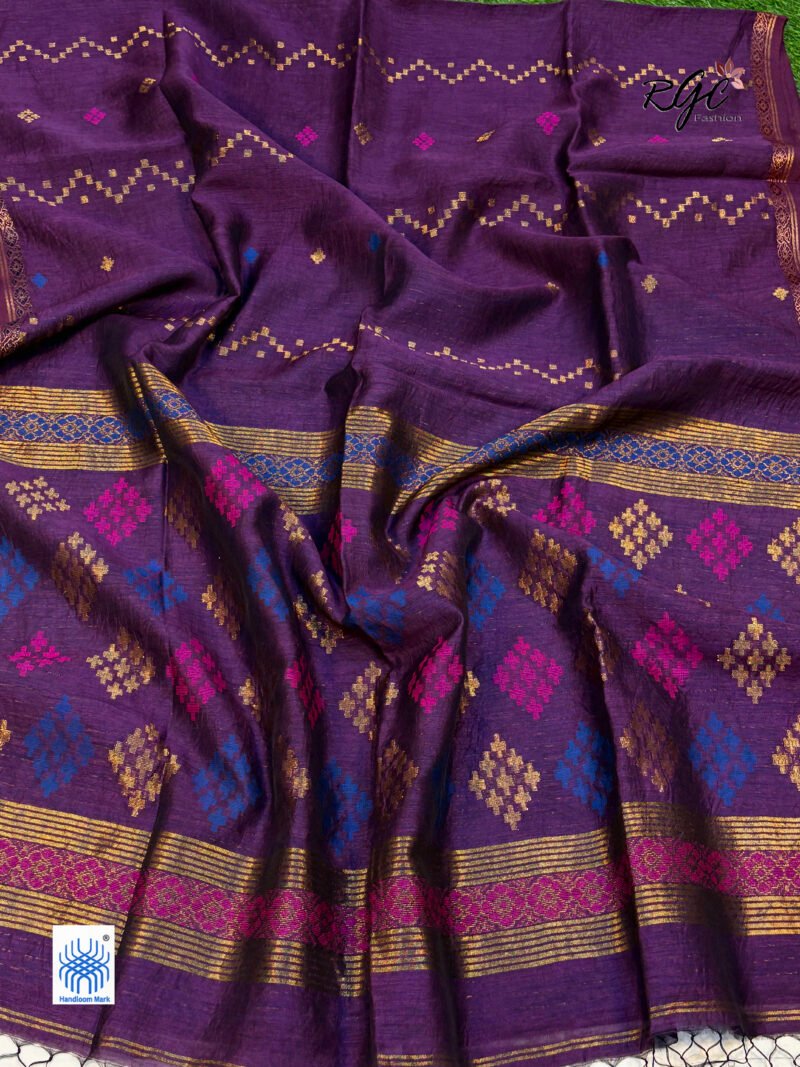 Wine Silk Linen Handloom Jamdani Saree - Image 2