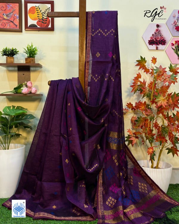 Wine Silk Linen Handloom Jamdani Saree