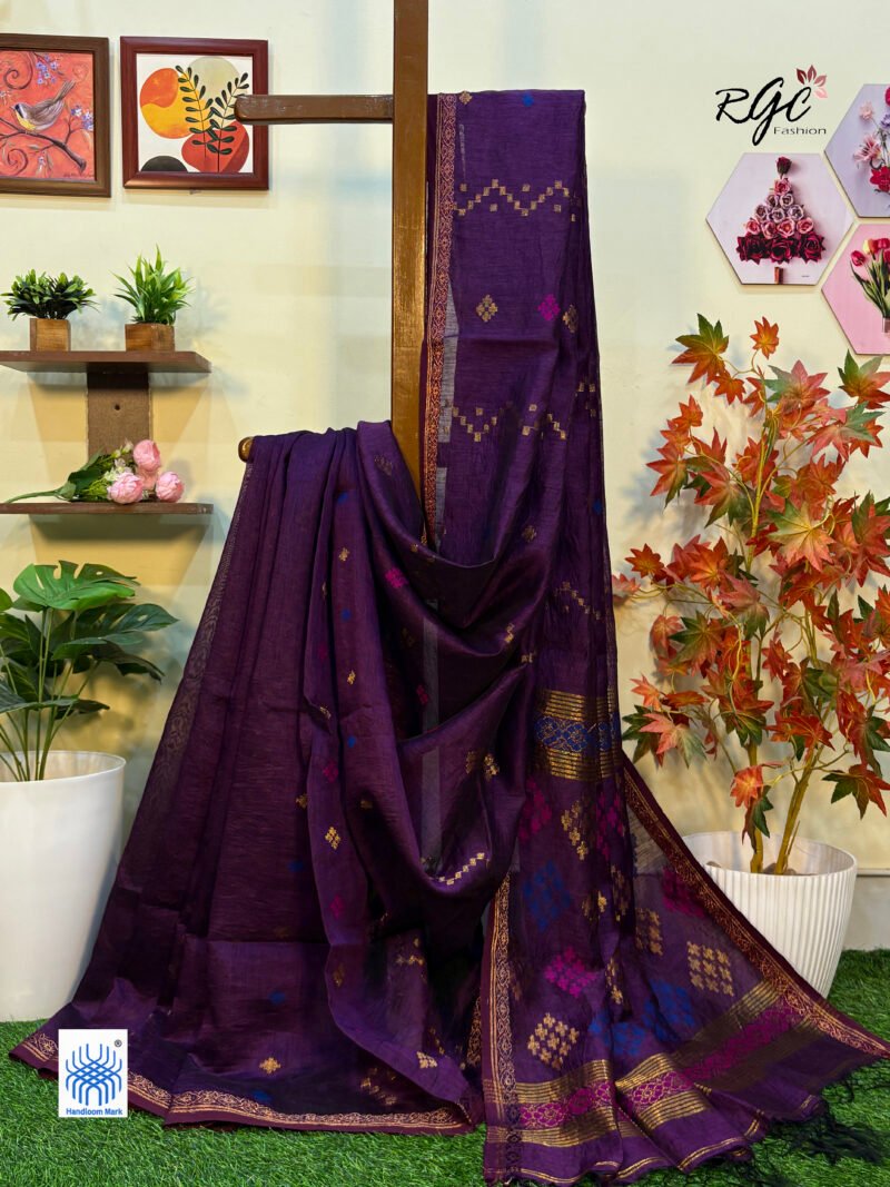 Wine Silk Linen Handloom Jamdani Saree