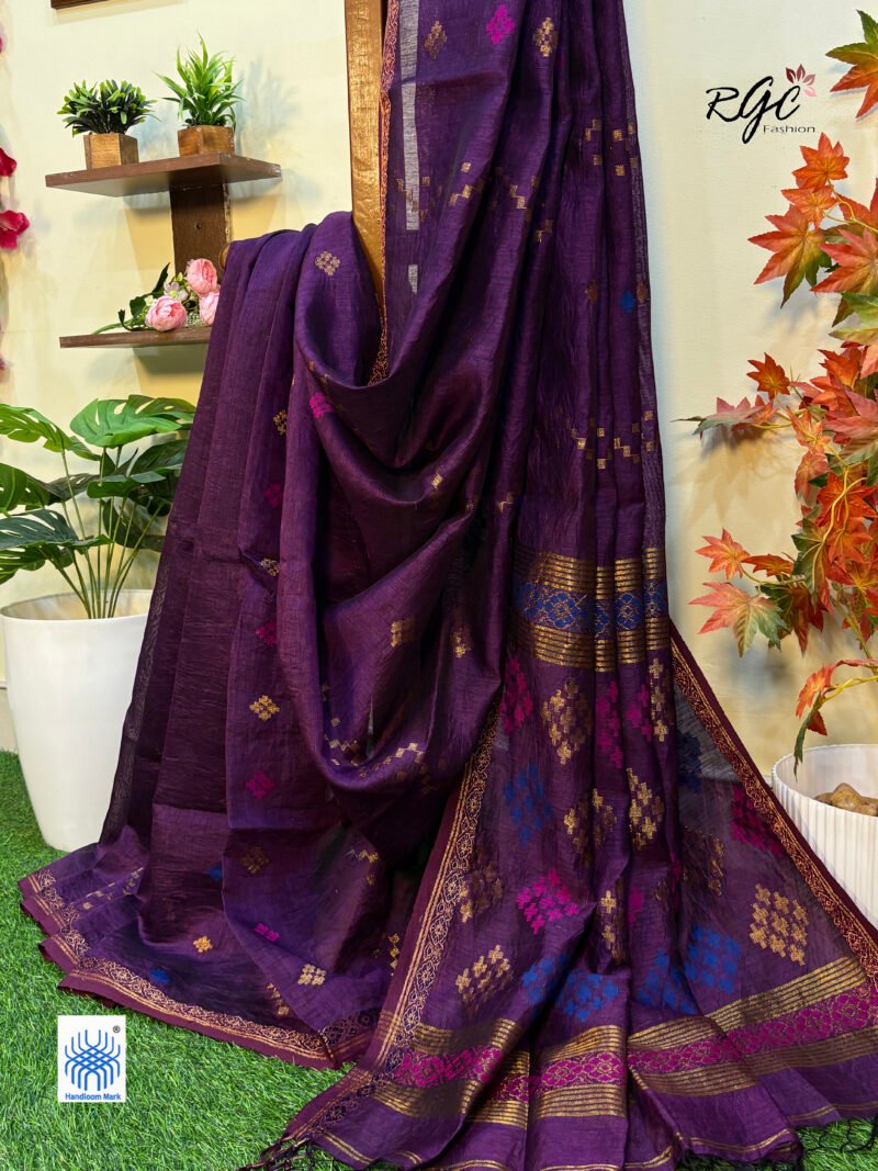 Wine Silk Linen Handloom Jamdani Saree - Image 5