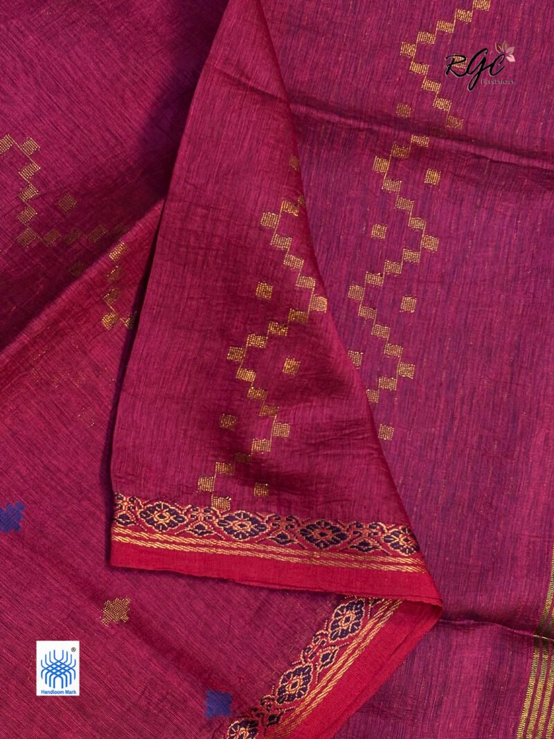 Beetroot Silk Linen Handloom Jamdani Saree - Image 3