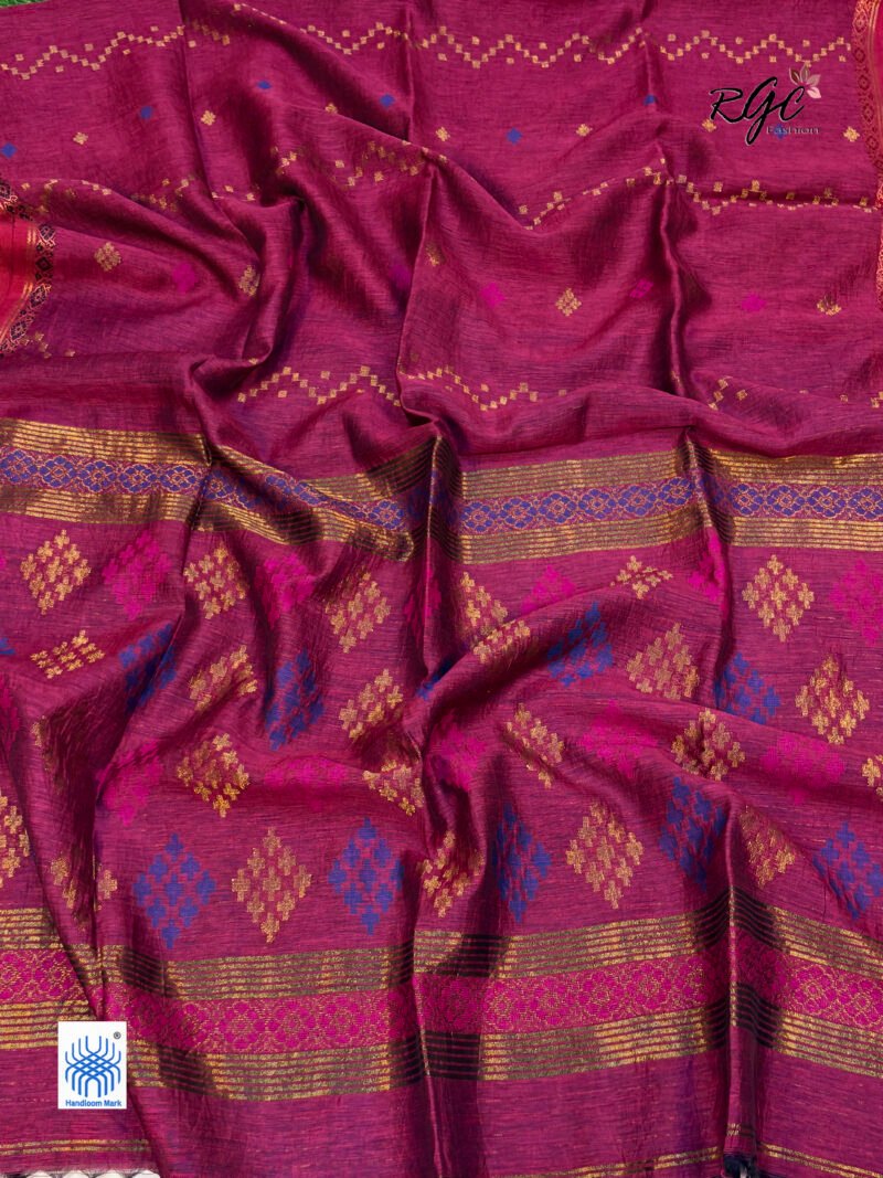 Beetroot Silk Linen Handloom Jamdani Saree - Image 4