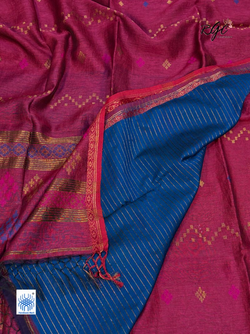 Beetroot Silk Linen Handloom Jamdani Saree - Image 5