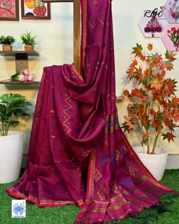 Beetroot Silk Linen Handloom Jamdani Saree