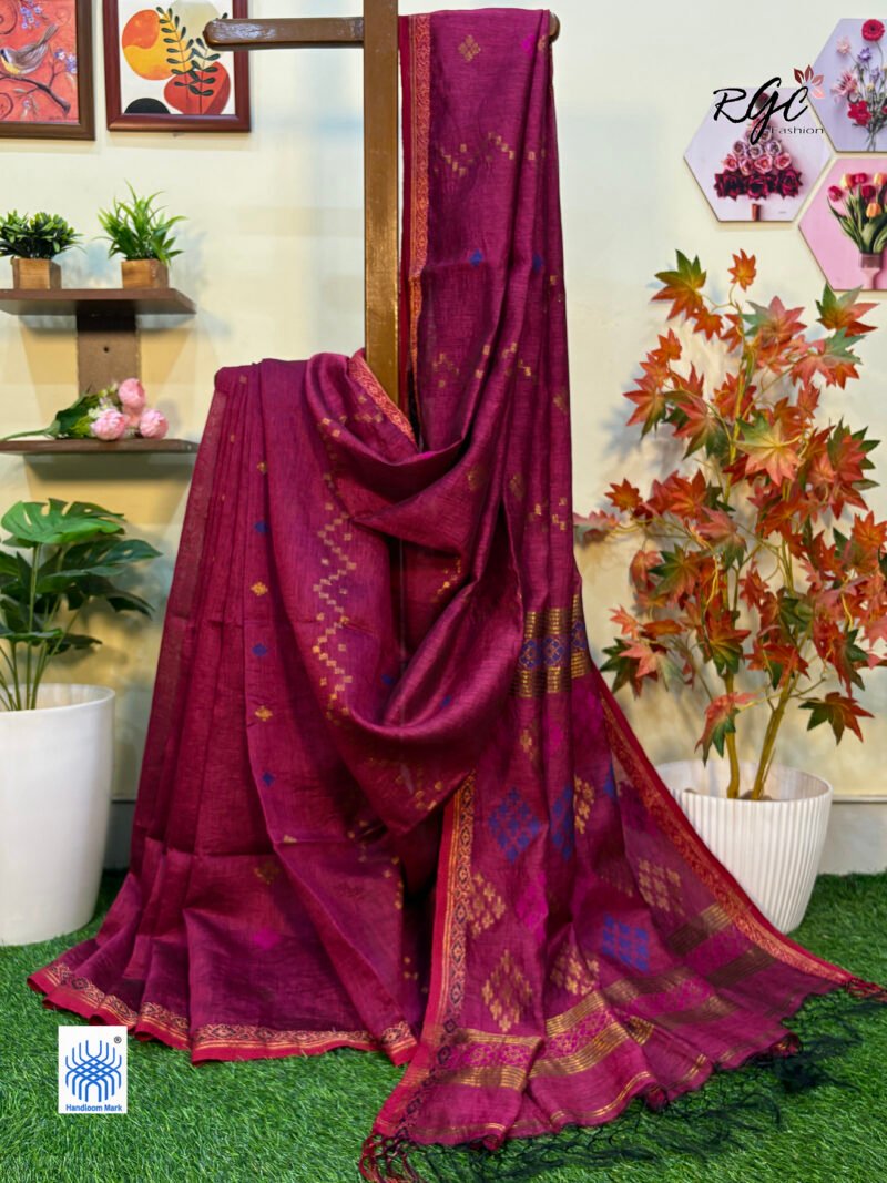 Beetroot Silk Linen Handloom Jamdani Saree