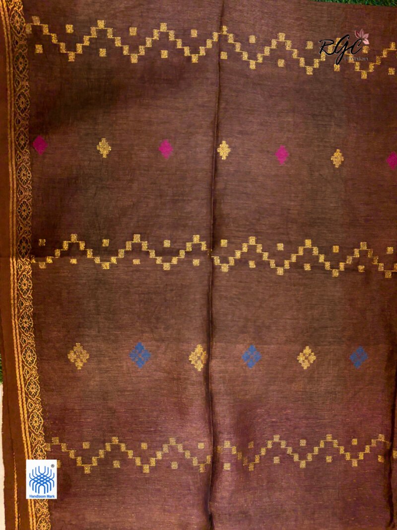 Dark Brown Silk Linen Handloom Jamdani Saree - Image 2