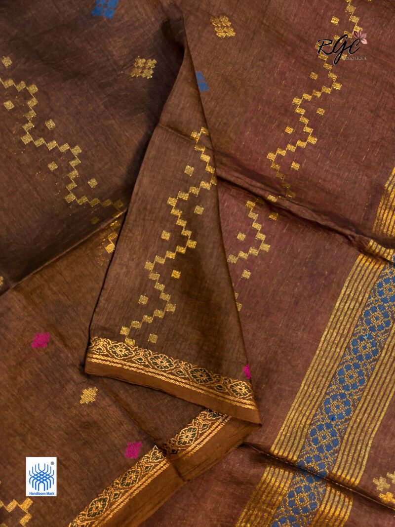 Dark Brown Silk Linen Handloom Jamdani Saree - Image 3