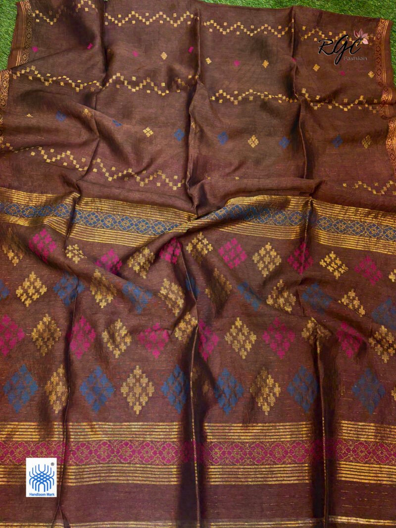 Dark Brown Silk Linen Handloom Jamdani Saree - Image 4