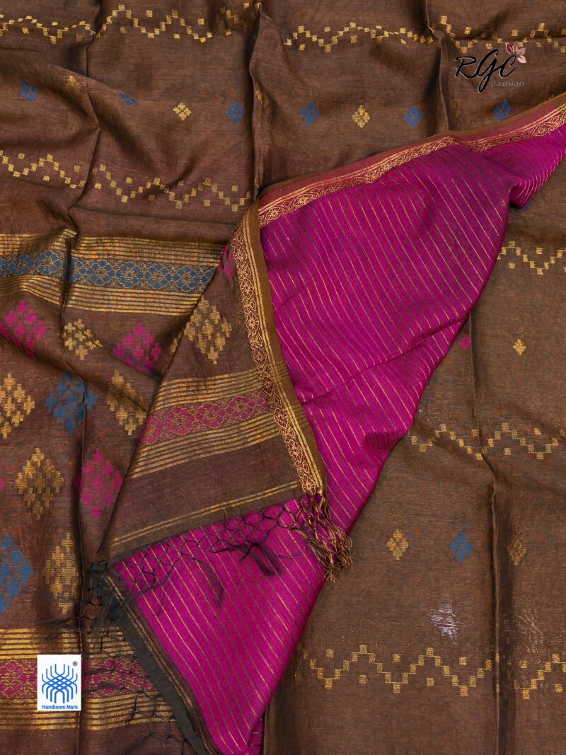 Dark Brown Silk Linen Handloom Jamdani Saree - Image 5