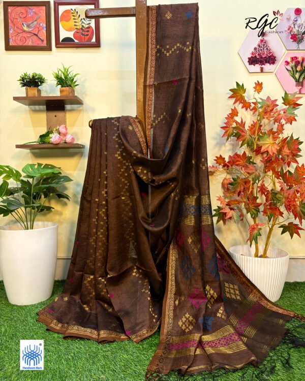 Dark Brown Silk Linen Handloom Jamdani Saree