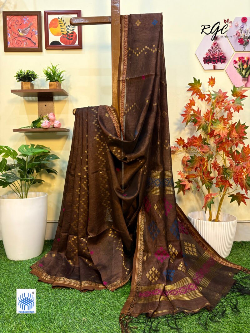 Dark Brown Silk Linen Handloom Jamdani Saree