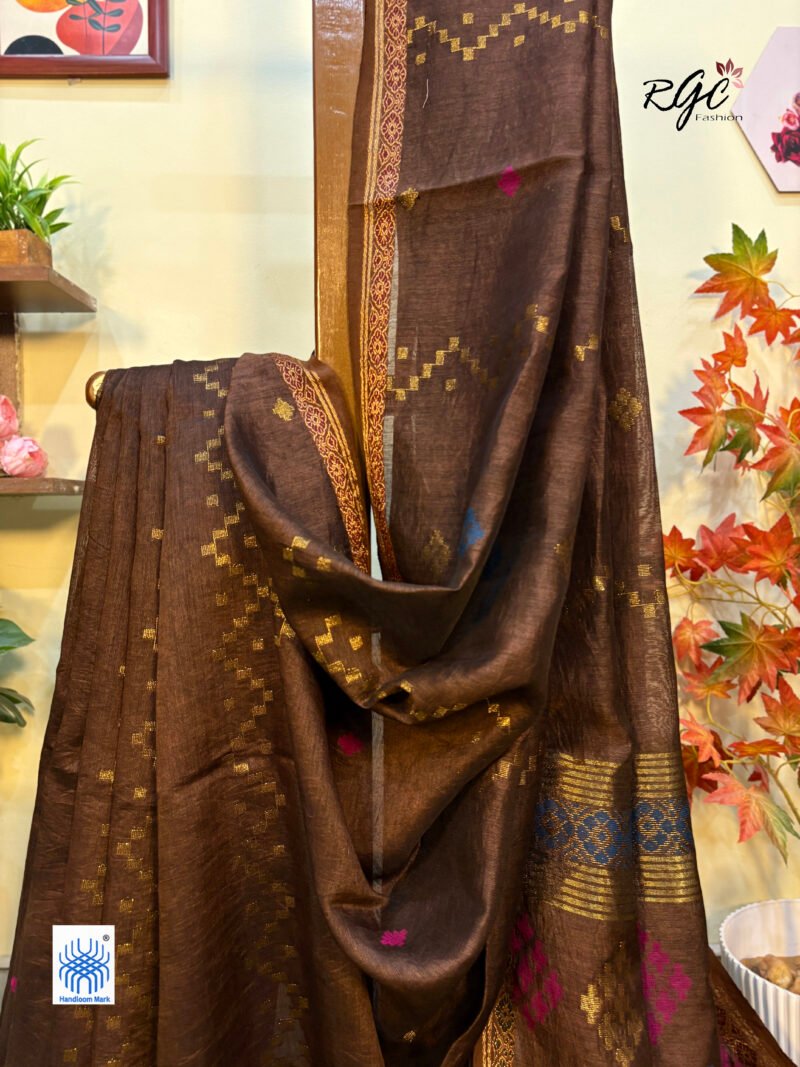Dark Brown Silk Linen Handloom Jamdani Saree - Image 6