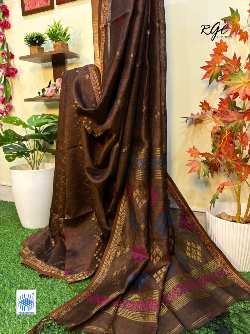Dark Brown Silk Linen Handloom Jamdani Saree - Image 7