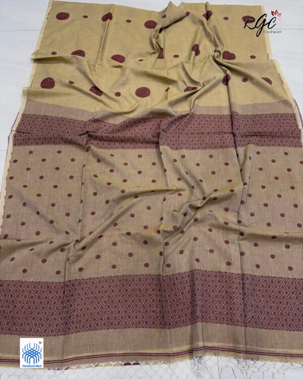 Dark Beige Handloom Mulmul Cotton Polka Dot Jamdani Saree