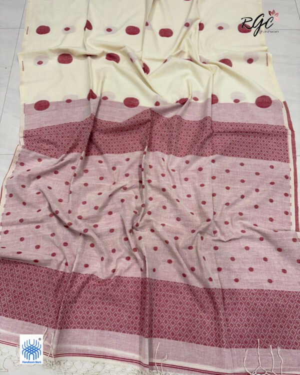 Off-White Handloom Mulmul Cotton Polka Dot Jamdani Saree