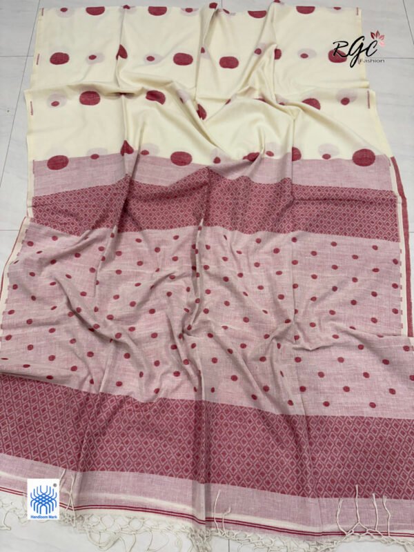 Off-White Handloom Mulmul Cotton Polka Dot Jamdani Saree
