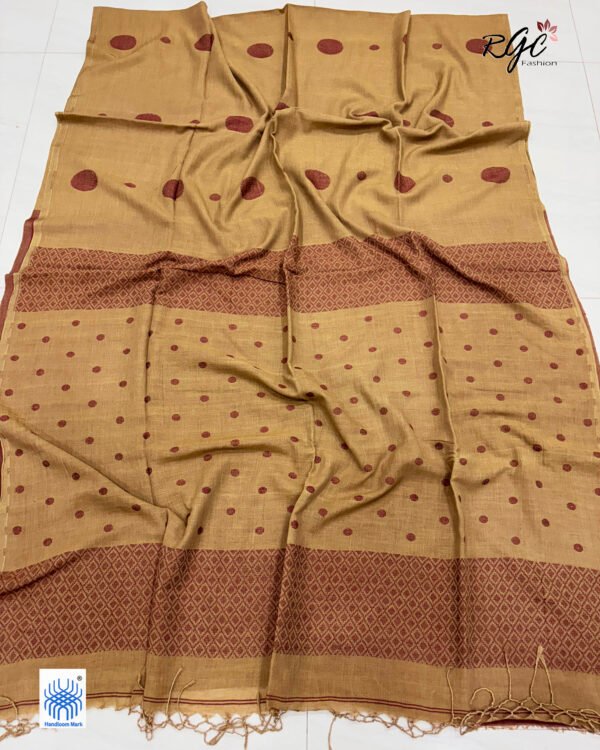 Light Brown Handloom Mulmul Cotton Polka Dot Jamdani Saree