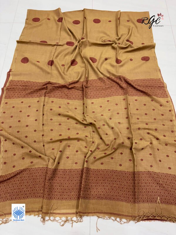 Light Brown Handloom Mulmul Cotton Polka Dot Jamdani Saree