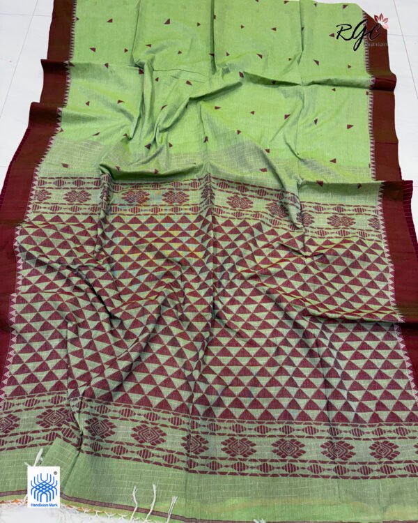 Light Green Handloom Mulmul Cotton Triangle Jamdani Saree