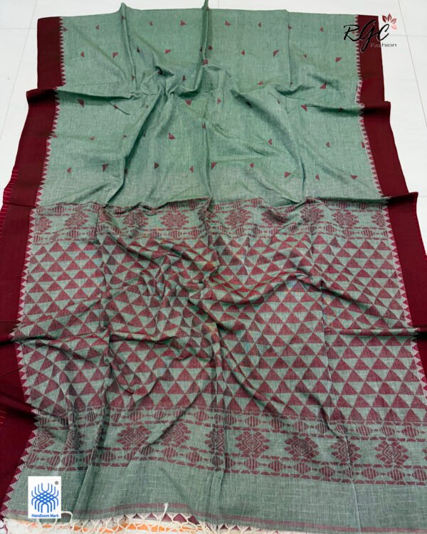 Dark Green Handloom Mulmul Cotton Triangle Jamdani Saree