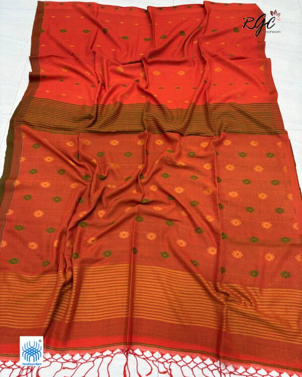 Orange Handloom Mulmul Cotton Dhakai Jamdani Saree