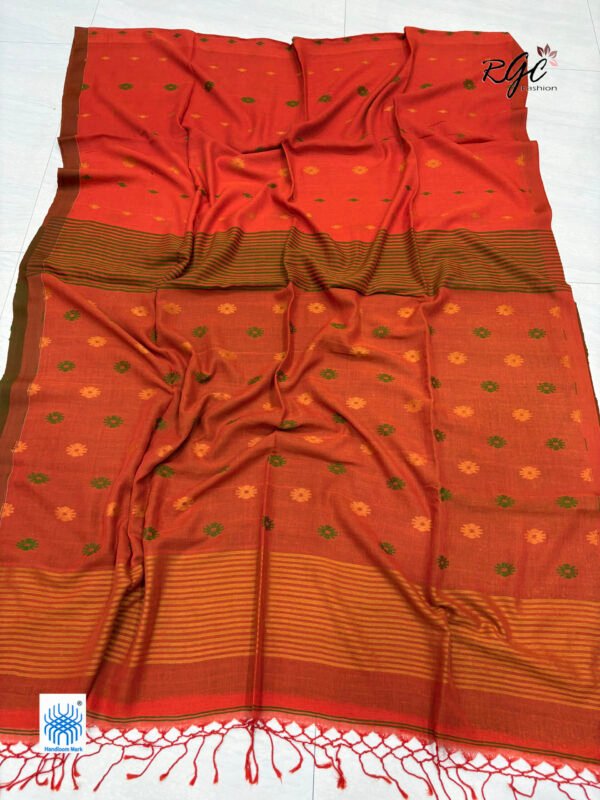 Orange Handloom Mulmul Cotton Dhakai Jamdani Saree
