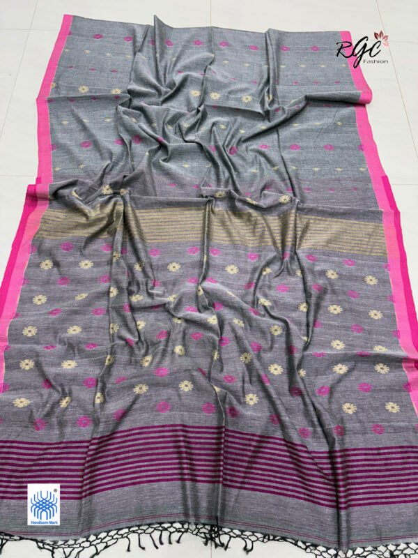 Gray Handloom Mulmul Cotton Dhakai Jamdani Saree