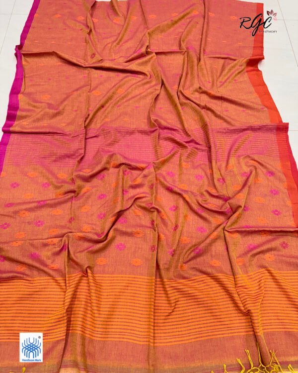 Pink Yellow Dual Tone Handloom Mulmul Cotton Dhakai Jamdani Saree