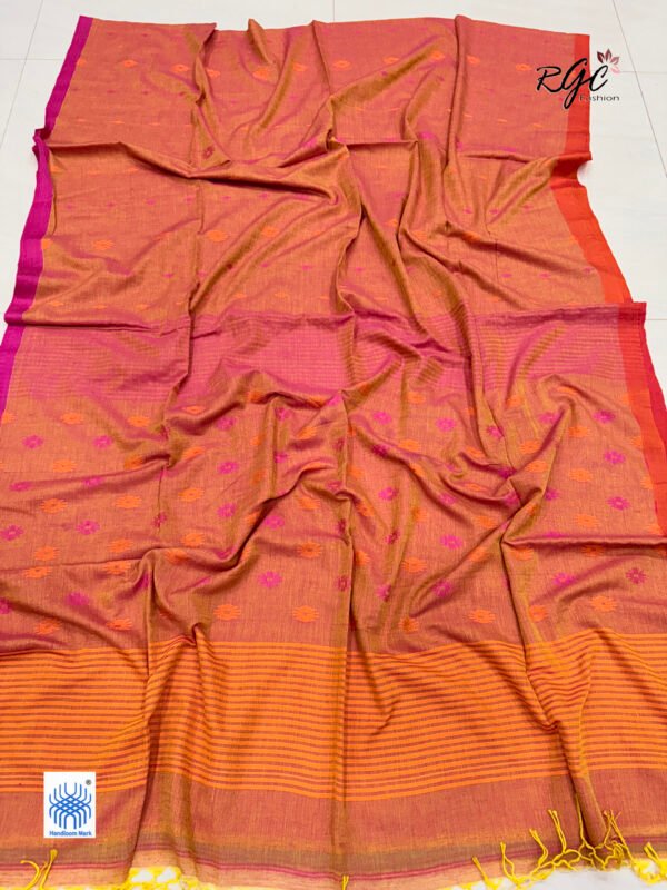 Pink Yellow Dual Tone Handloom Mulmul Cotton Dhakai Jamdani Saree