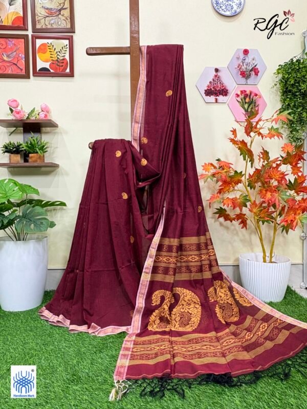 Maroon Handloom Premium Khadi Cotton Jamdani Saree