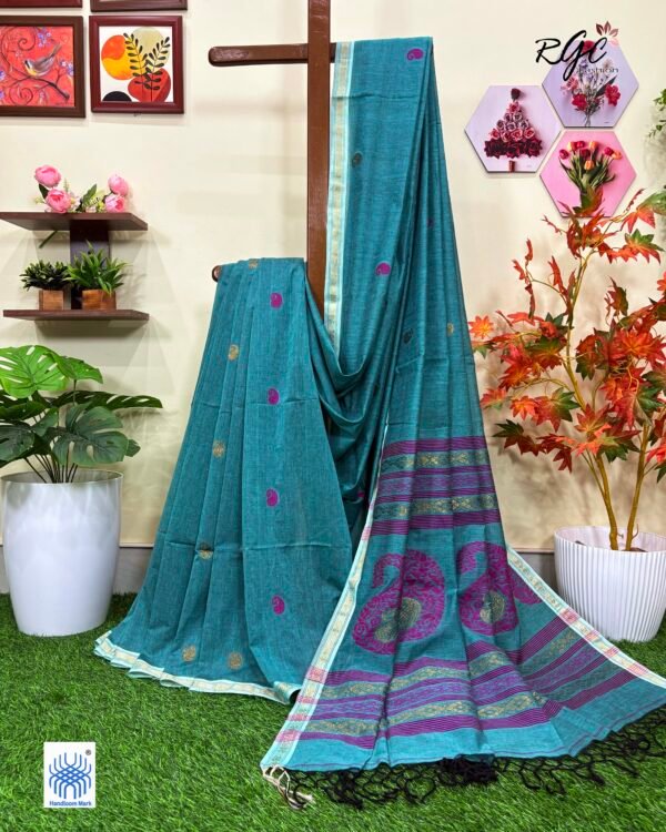 Light Ferozi Handloom Premium Khadi Cotton Jamdani Saree