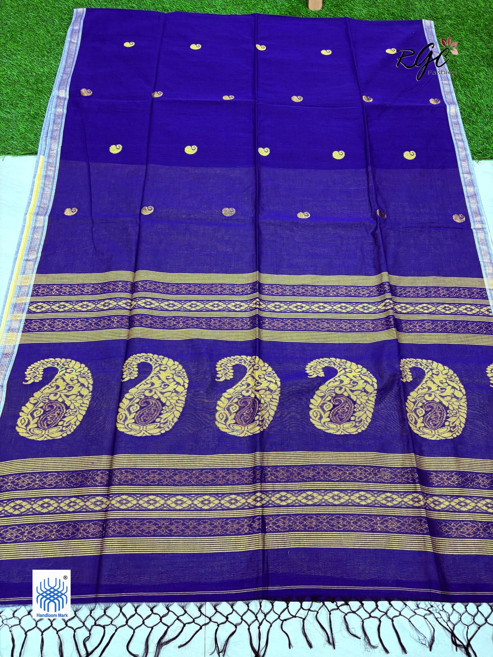 Navy Blue Handloom Premium Khadi Cotton Jamdani Saree - Image 7
