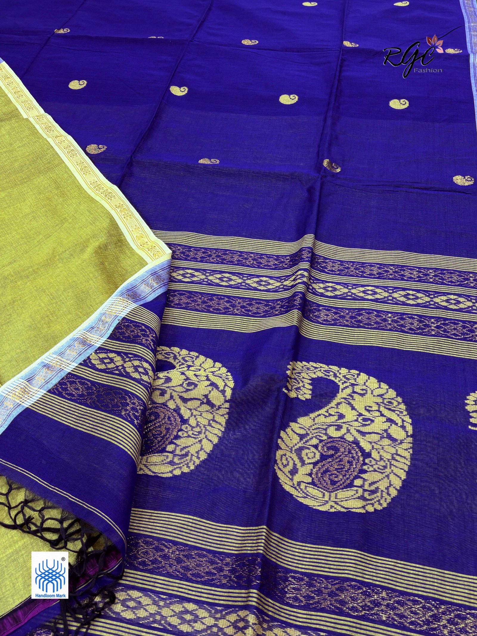 Navy Blue Handloom Premium Khadi Cotton Jamdani Saree - Image 5