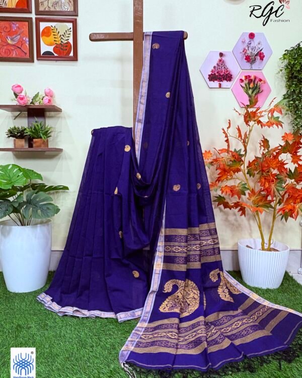 Navy Blue Handloom Premium Khadi Cotton Jamdani Saree