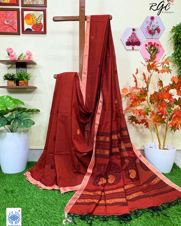 Rust Handloom Premium Khadi Cotton Jamdani Saree