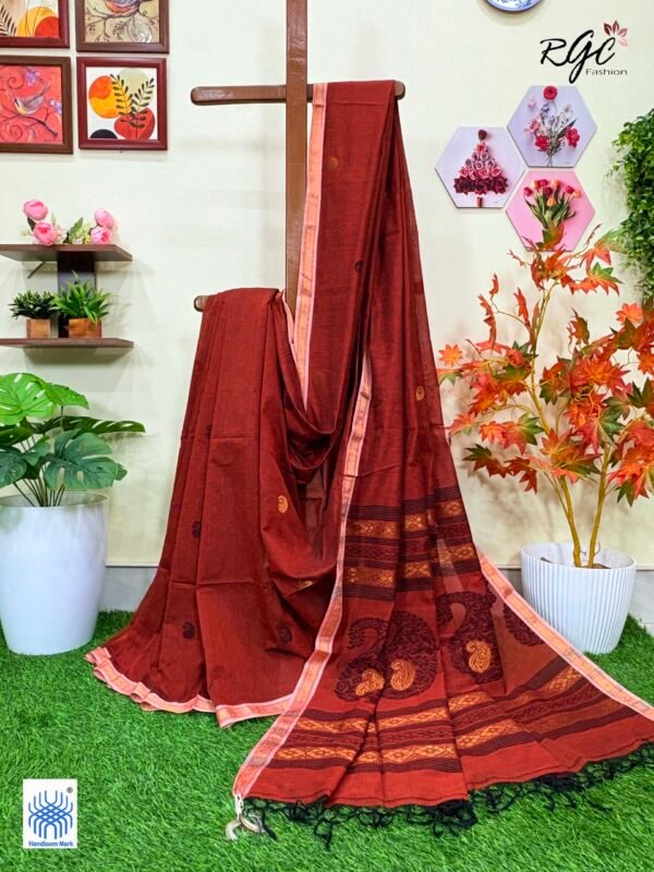 Rust Handloom Premium Khadi Cotton Jamdani Saree