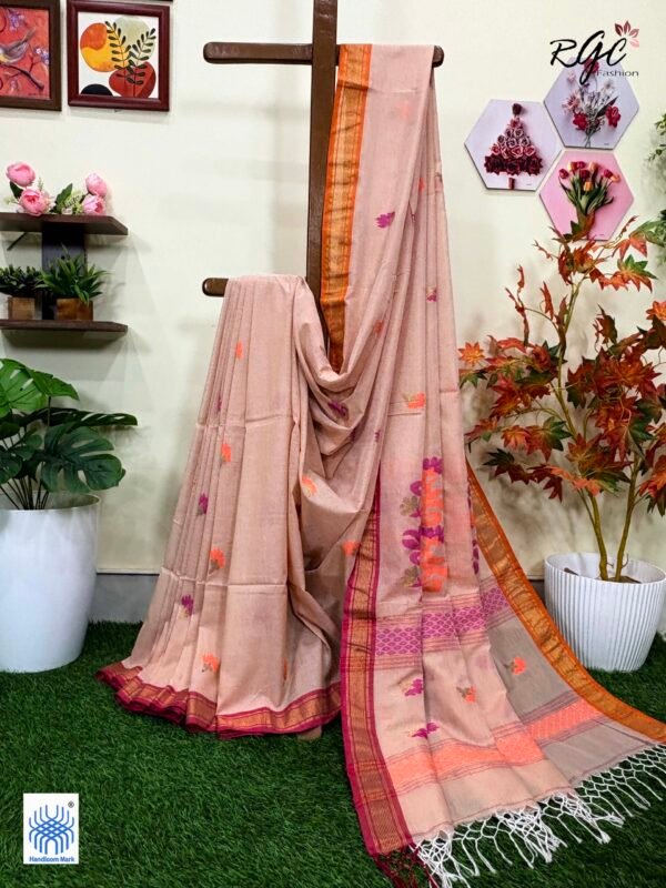 Redish Beige Handloom Premium Cotton Jamdani Saree