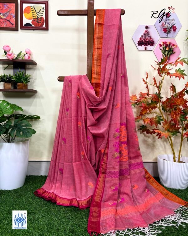 Dusty Rose Handloom Premium Cotton Jamdani Saree